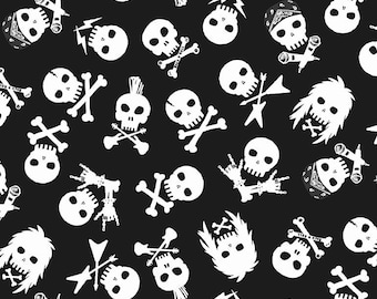 May include: A black and white seamless pattern featuring various skull designs. The skulls are depicted with crossbones, lightning bolts, guitars, and bandanas. The pattern is perfect for creating a rock and roll aesthetic.