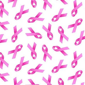 Könnte beinhalten: Ein nahtloses Muster aus rosa Schleifen auf weißem Hintergrund. Die Schleifen sind in einem zufälligen Muster angeordnet, wobei sich einige überlappen. Die Schleifen sind ein Symbol für das Bewusstsein für Brustkrebs.