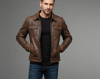 Men’s Distressed Jacket – Vintage Brown Genuine Leather Jacket, Rugged Retro Biker Style