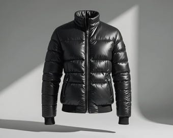 Men’s Black Shiny Leather Puffer Jacket – Winter Quilted Coat