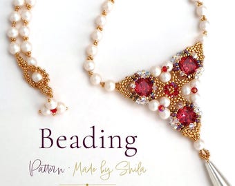 Beaded Statement Necklace Pattern • Peyote Stitch • Crystal Cabochon • Pearls & Delica Beads