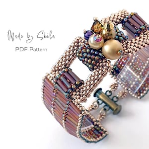 May include: A beaded bracelet featuring metallic rose gold, iridescent purple, and bronze tube beads with a cluster of cream, gold, and dark brown accent beads. The text "Made by Shila PDF Pattern" is visible on the left side of the image.
