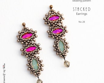 Pattern Tutorial - Earrings Jewelry making with Seed beads and Crystals Step-by-step PDF Instant download - Stacked Earrings No 28