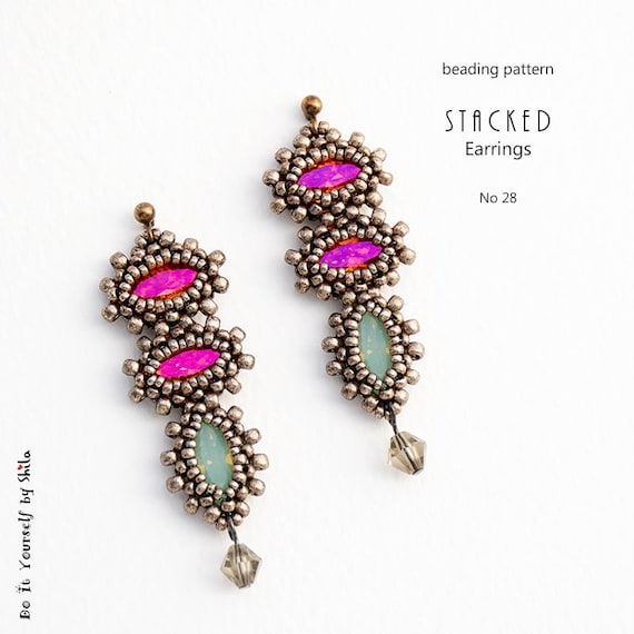 Pattern Tutorial - Earrings Jewelry making with Seed beads and Crystals Step-by-step PDF Instant download - Stacked Earrings No 28