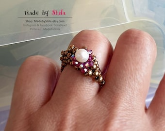 Beading Pattern Tutorial Step by step INSTANT download PDF -  Ring with Pearl No 05