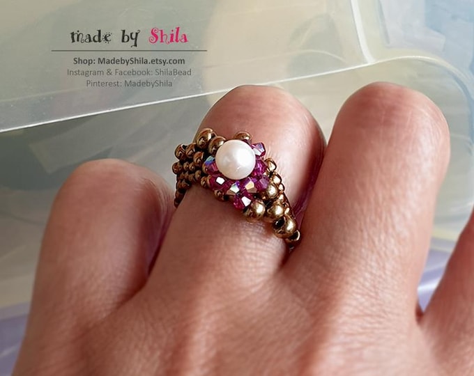 Beading Pattern Tutorial Step by step INSTANT download PDF -  Ring with Pearl No 05