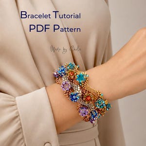 May include: A beaded bracelet featuring a complex woven design with multi-colored crystals in shades of blue, purple, and orange, accented by metallic gold beads. The text Bracelet Tutorial PDF Pattern and Made by Shila are visible.