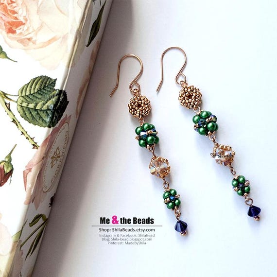 Handmade Beaded Bead Earrings with Japanese delica, seed beads, pressed pearls and Austrian Crystal Heart, Dangle Earrings, Long Earrings