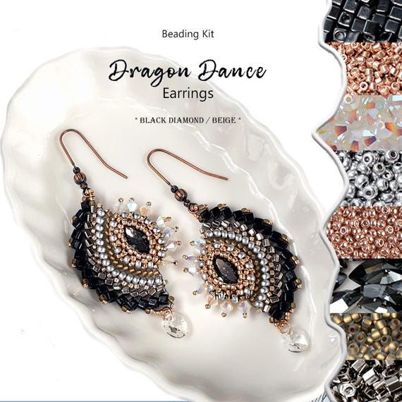 Kit Jewelry making for Earrings with high quality Japanese beads and Crystals - Dragon Dance Earrings * Black Diamond/Beige * color version