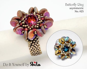 Beading Pattern Tutorial Step by step INSTANT download PDF - Butterfly asymmetric Ring No 25