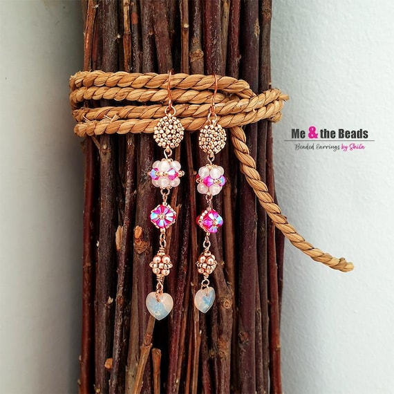 Handmade Beaded Bead Earrings with Japanese delica, seed beads, pressed pearls and Austrian Crystal Heart, Dangle Earrings, Long Earrings