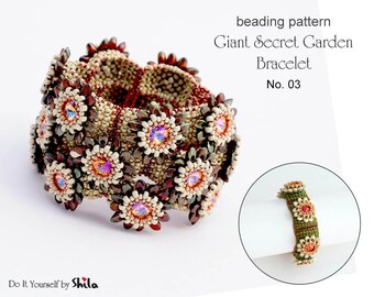 Beading Pattern Tutorial Step by step INSTANT download PDF - Giant Secret Gardens Bracelet No 03