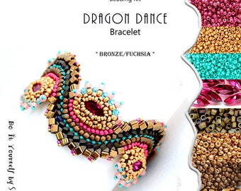 Jewelry making Kit - Beading Kit with Japanese seed beads and crystals - Dragon Dance Bracelet reloaded No. 18 Bronze/Fuchsia