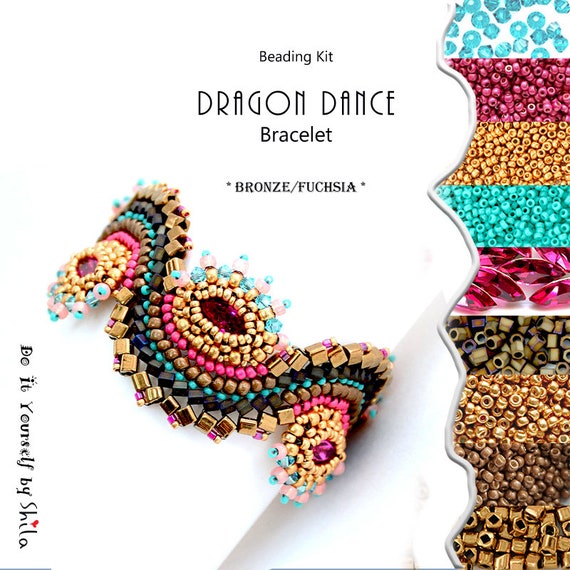 Kit Jewelry making for Bracelet with high-quality Seed beads and Crystals - Dragon Dance *BRONZE/FUCHSIA* color version