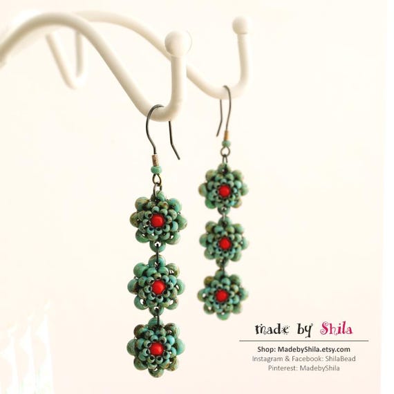 Pattern Tutorial - Earrings Jewelry making with Seed beads and Pearls Step-by-step PDF Instant download - Flower Chain Earrings No 22