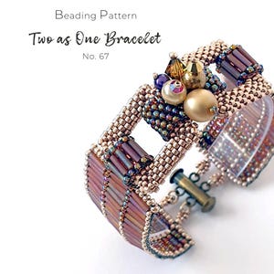 May include: A beaded bracelet with a geometric design. The bracelet features a mix of gold, purple, and iridescent beads, with a large pearl and other decorative elements. The text "Two as One Bracelet" is visible.