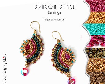 Jewelry making Kit - Beading Kit with Japanese seed beads and crystals - Dragon Dance Earrings No. 18 Bronze/Fuchsia