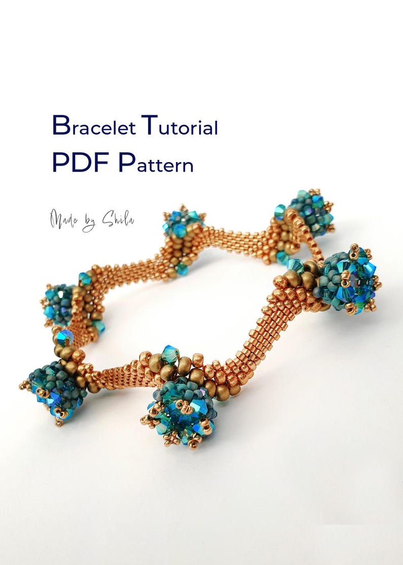 May include: A beaded bracelet featuring a wavy design made of metallic bronze seed beads, accented with clusters of iridescent blue and teal crystals. The text "Bracelet Tutorial PDF Pattern" and "Made by Shila" appear above the bracelet.