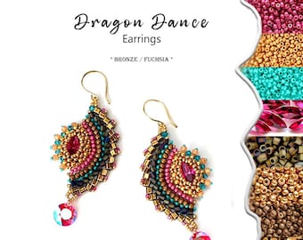 Dragon Dance Earrings Beading Kit: Bronze Fuchsia Japanese Beads & Crystals (PDF Pattern)