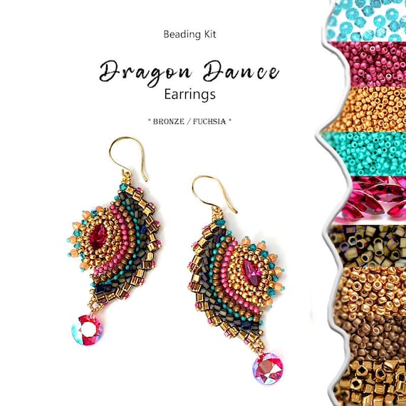 Kit Jewelry making for Earrings with high quality Japanese beads and Crystals - Dragon Dance *BRONZE/FUCHSIA* color version