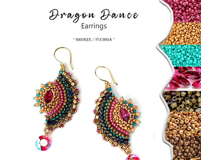 Dragon Dance Earrings Beading Kit: Bronze Fuchsia Japanese Beads & Crystals (PDF Pattern)