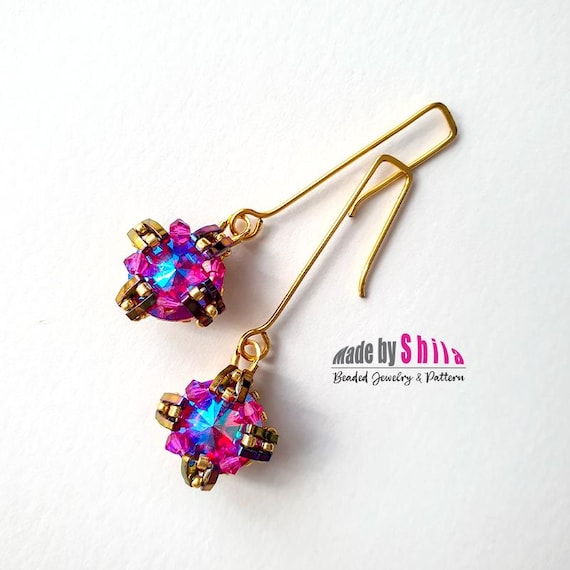 Pattern Tutorial - Beaded Earrings with seed beads, crystal bicone or pearls and Quarter Tila beads - Bezel for Crystal Rivoli 12 mm No. 39