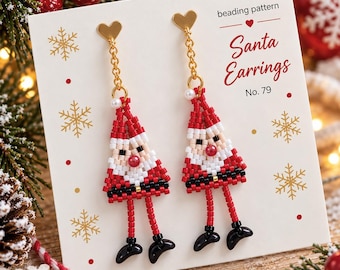 May include: A pair of Santa earrings made from red, white, black, and beige seed beads, featuring gold heart-shaped studs and dangling legs. The display card reads: beading pattern Santa Earrings No. 79 with gold snowflake icons.