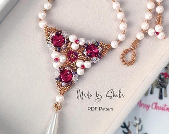 Beaded Statement Necklace Pattern | Peyote Stitch, Crystal Cabochon, Pearls & Delica Beads