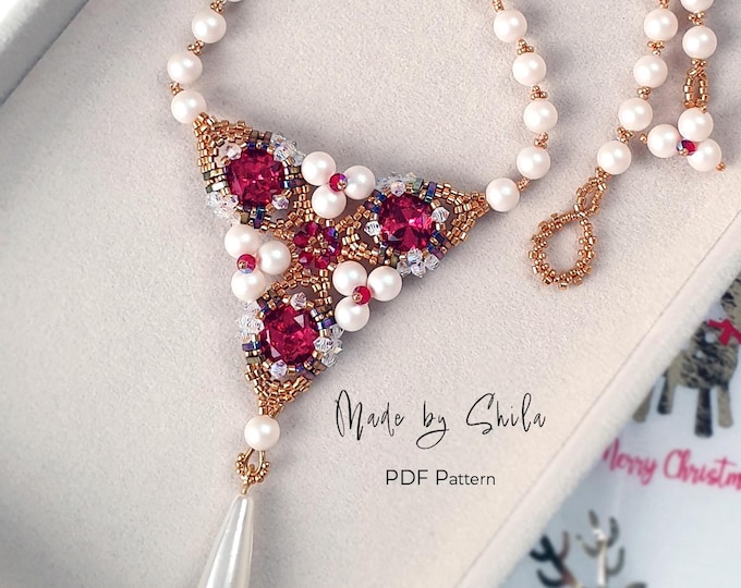 Beaded Statement Necklace Pattern | Peyote Stitch, Crystal Cabochon, Pearls & Delica Beads