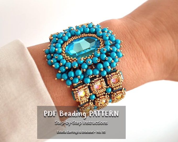 Crystal Statement Bracelet Pattern PDF • Beading Tutorial with Earrings, Bugle Bead Jewelry