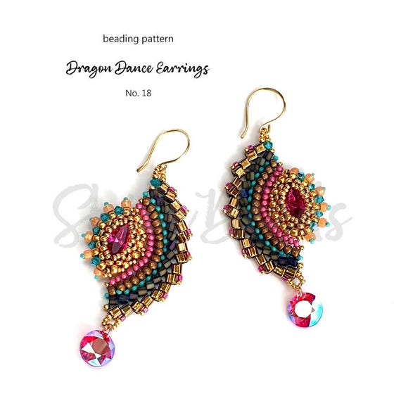 Pattern Tutorial - Jewelry making, Beaded Earrings with seed, cube hexagon beads and crystals - Dragon Dance Earrings No. 18
