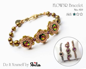 Pattern Tutorial - Bracelet Jewelry making with Seed and Lentil beads Crystals Step-by-step PDF Instant download - FLOW3R Bracelet No 19
