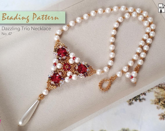 Beaded Statement Necklace Pattern | Peyote Stitch, Crystal Cabochon, Pearls & Delica Beads