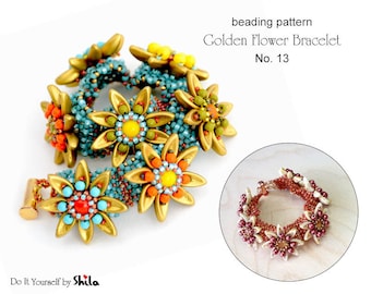 Beading Pattern Tutorial Step by step INSTANT download PDF - Golden Flower Bracelet with Chilli beads No 13