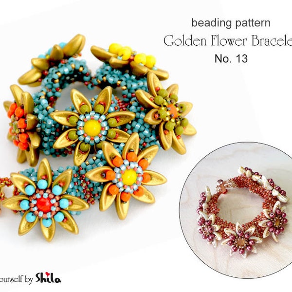 Beading Pattern Tutorial Step by step INSTANT download PDF - Golden Flower Bracelet with Chilli beads No 13