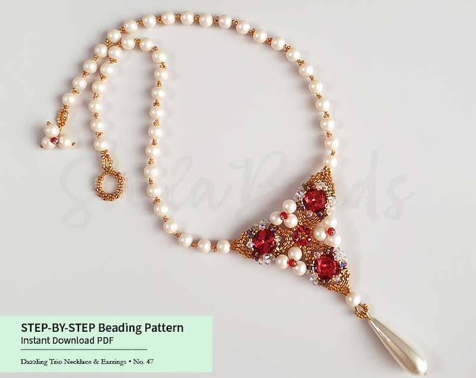 Beaded Statement Necklace Pattern | Peyote Stitch, Crystal Cabochon, Pearls & Delica Beads