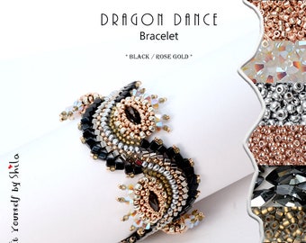 Jewelry making Kit - Beading Kit with high quality Japanese beads and crystals - Dragon Dance Bracelet No 18 Black Diamond / Rose Gold