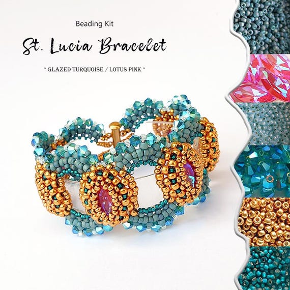 Kit Jewelry making for Bracelet with Seed beads and Austrian Crystals - St. Lucia Bracelet * Gold / Glazed Turquoise * color version