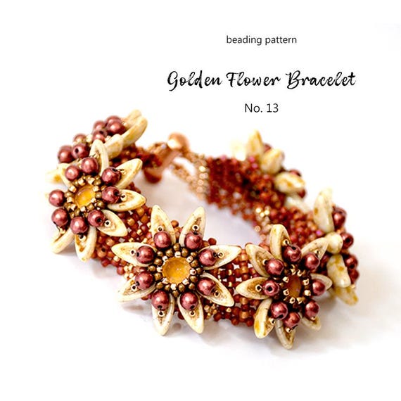 Pattern Tutorial - Bracelet Jewelry making with Seed beads and Chilli beads Step-by-step PDF Instant download - Golden Flower Bracelet No 13