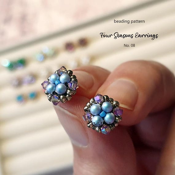 Pattern Tutorial - Jewelry making, Beaded Stud Earrings with seed beads, crystals, quick and easy, all level - Four Seasons Earrings No. 08