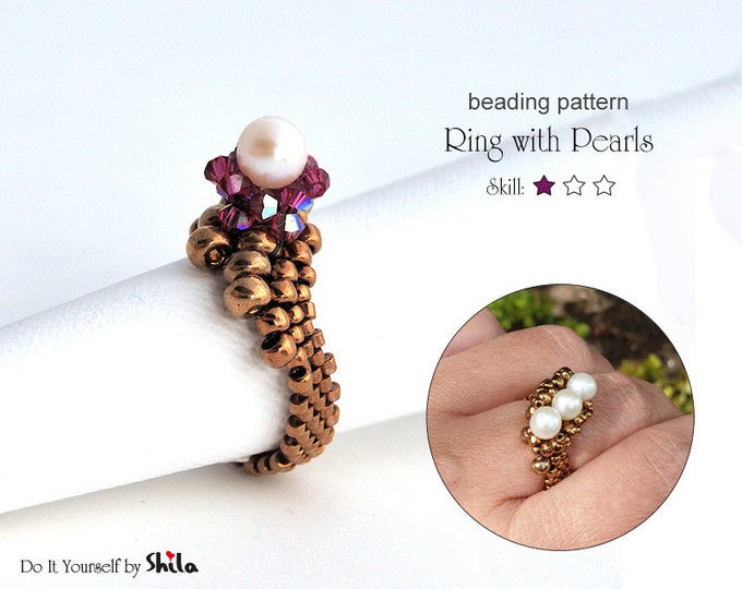Beading Pattern Tutorial Step by step INSTANT download PDF -  Ring with Pearl No 05