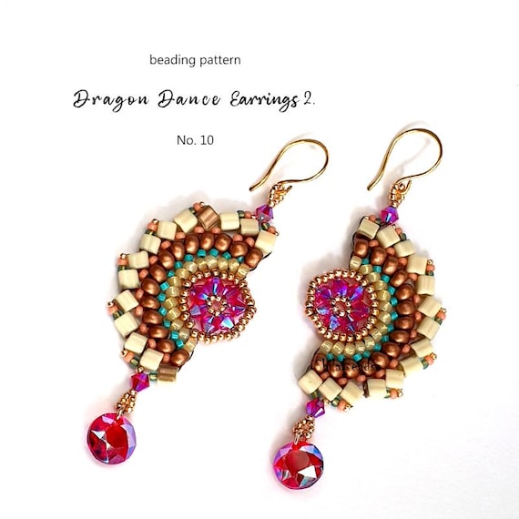 Pattern Tutorial - Jewelry making, Beaded Earrings with seed beads, cube beads and bicones - Dragon Dance 2. Earrings No. 10