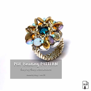 Tutorial paso a paso para tejer con cuentas - Descarga instantánea en PDF - Anillo asimétrico de mariposa n.° 25 imagen 1