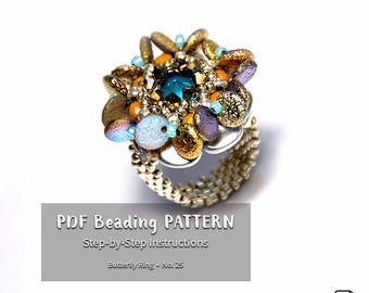 Beading Pattern Tutorial Step by step INSTANT download PDF - Butterfly asymmetric Ring No 25