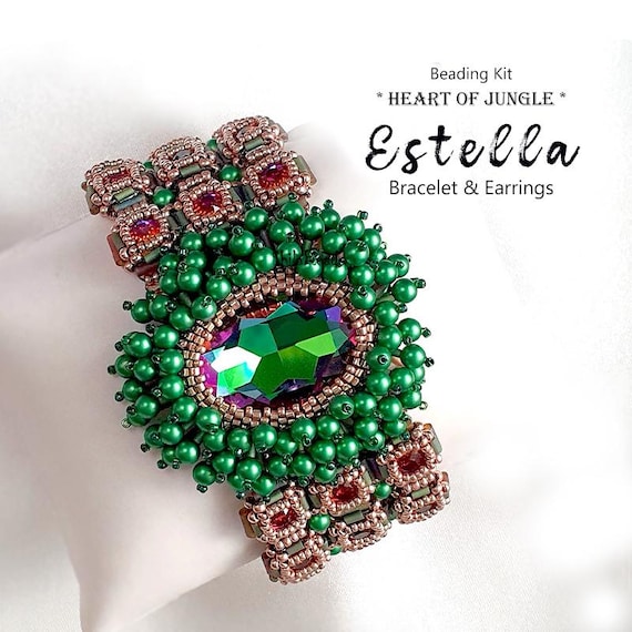 Kit Jewelry making for Bracelet & Earrings with high-quality Seed beads and Crystals - Estella *HEART OF JUNGLE* version - Eden Green