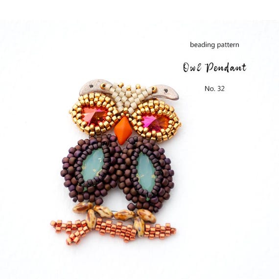 Pattern Tutorial - Pendant Jewelry making with Cabochon and Gingko beads Step-by-step PDF Instant download - Owl Pendant No 32