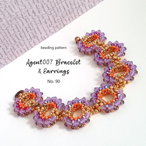 Pattern Tutorial - Bracelet Jewelry making with Seed beads and Crystals Step-by-step PDF Instant download - Agent 007 Br. & Earrings No 90