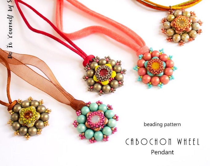 Beading Pattern Tutorial Step by step INSTANT download PDF - Cabochon Wheel Pendant No 44