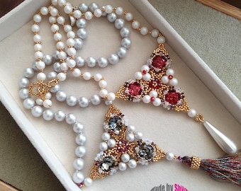 Beading Patterns for necklace & earrings with Seed Beads, Crystals, Pearls, Tassel (PDF Download)
