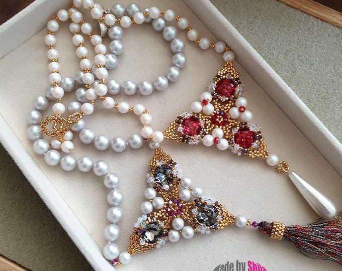 Beading Patterns for necklace & earrings with Seed Beads, Crystals, Pearls, Tassel (PDF Download)